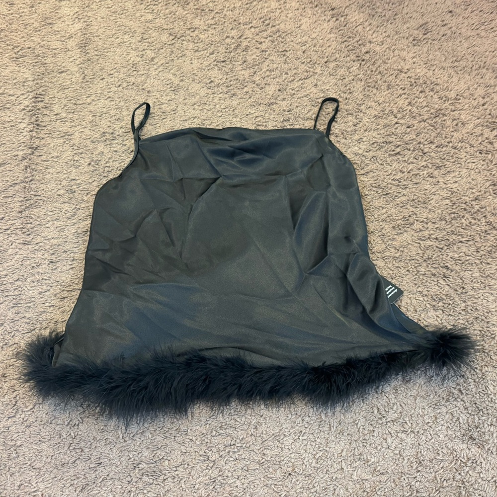 Express Black Satin Feather Hem Cami Camisole Blouse Top M L NEW - Picture 2 of 11